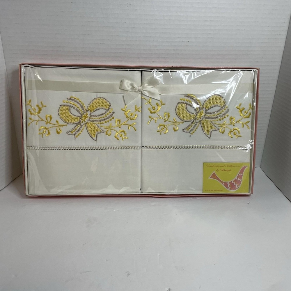 Vintage Pair of Riegel Pillowcases NOS in box embroidered with Yellow Ribbons